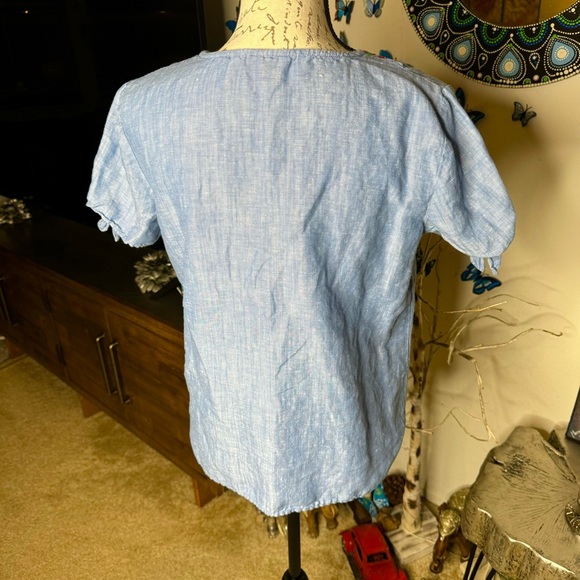 Talbots Sz S Darling Boho Folk Bird Embroidered Chambray Linen Blouse Shirt Top - Picture 5 of 12